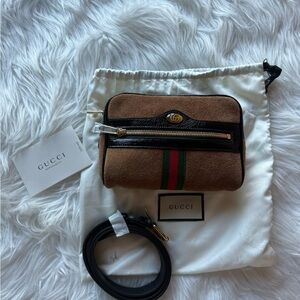 Gucci Brown Suede Shoulder Bag with Green-Red Web